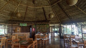 A restaurant with wooden tables and chairs, a thatched roof, and hanging spherical decorations.