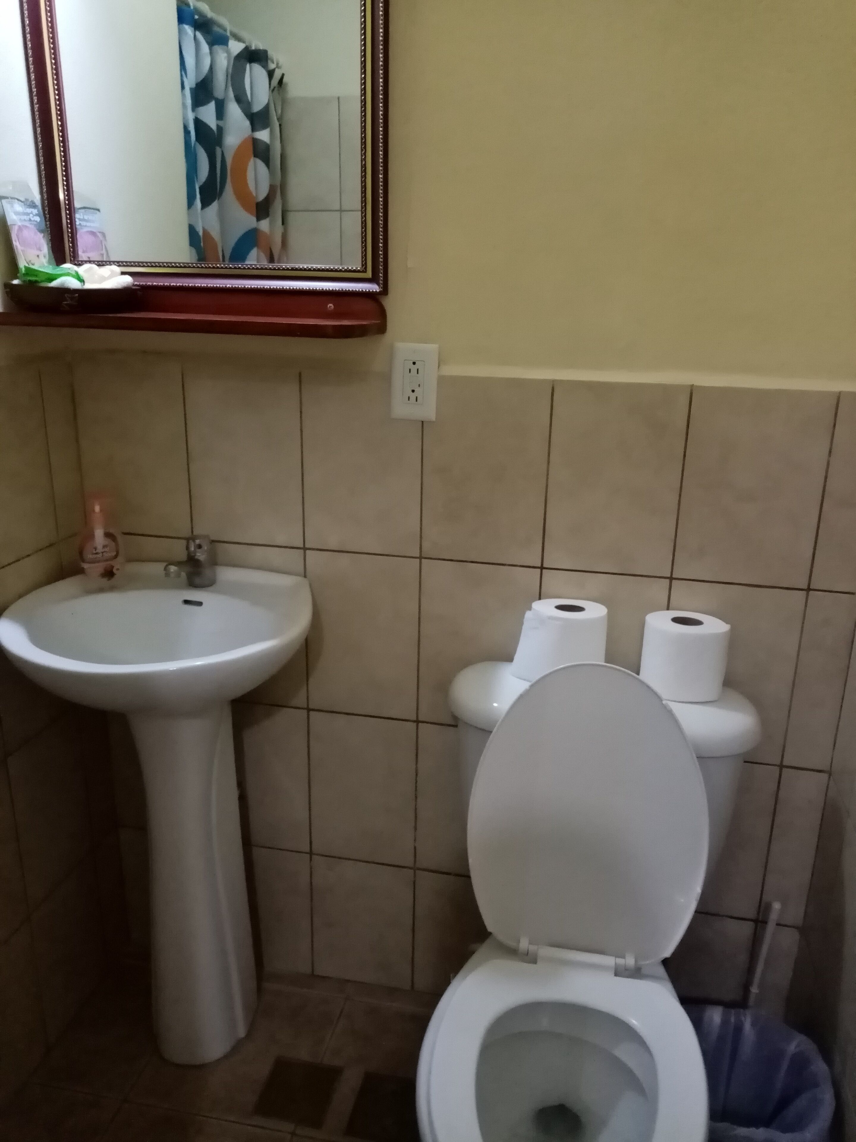 Un baño con lavamanos pedestal, inodoro y espejo.