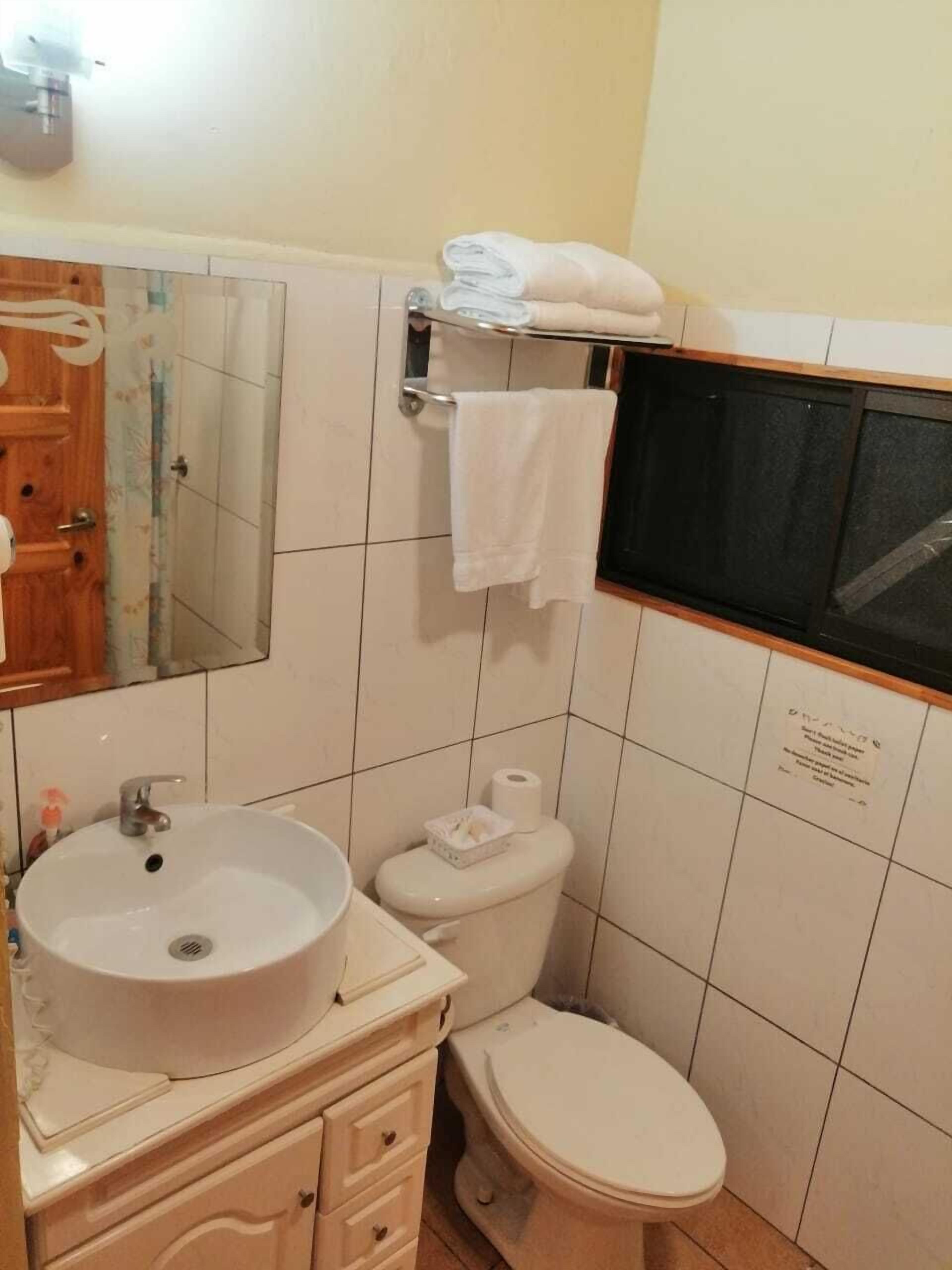 Een kleine badkamer met een wastafel, toilet en een spiegel. Daarboven hangt een handdoekrek bij het toilet en er is een plank met opgevouwen handdoeken.