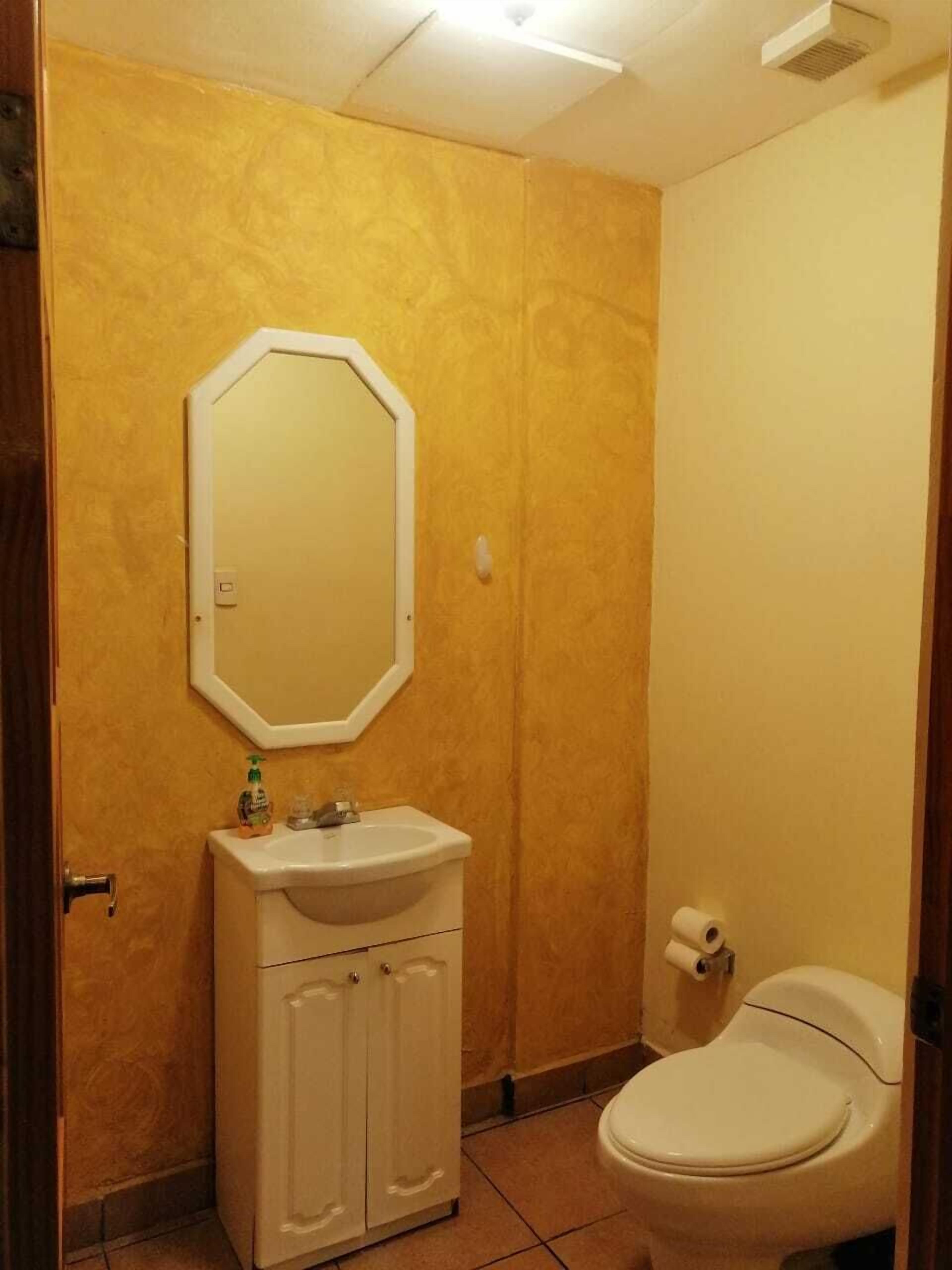 Et badeværelse med en hvid vask, et spejl og et toilet.