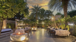Un área de comedor al aire libre con mesas y sillas, rodeada de exuberante vegetación y palmeras.