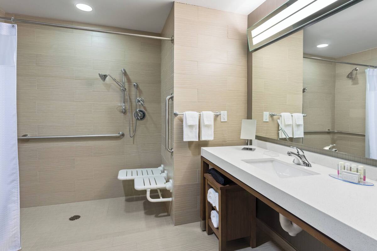 A modern bathroom with a shower, grab bars, a sink, and a mirror.