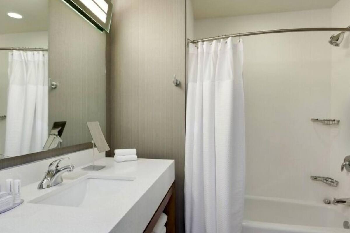 A modern bathroom with a double sink, a large mirror, a shower with a curved glass door, and a towel rack.