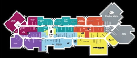 A map of a shopping and entertainment complex with various stores and attractions.
