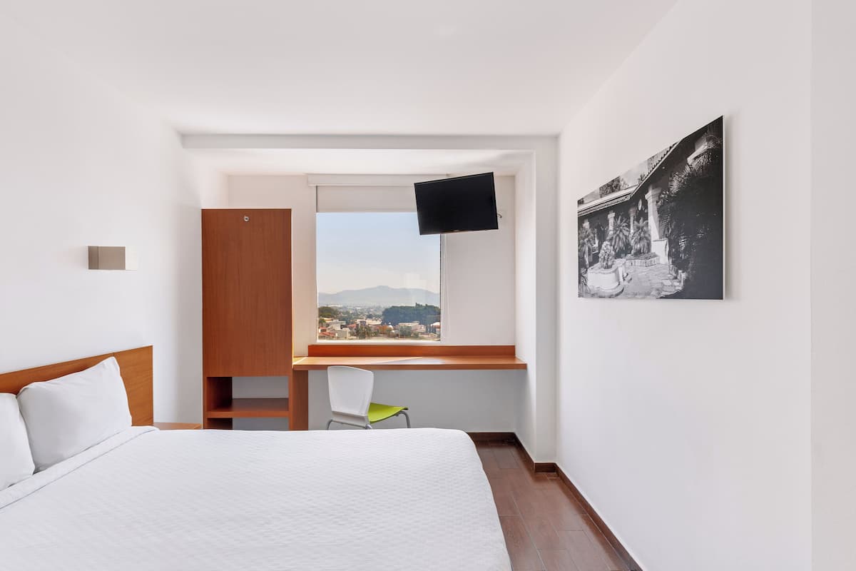 A hotel room with a bed, a desk with a chair, a TV mounted on the wall, and a window with a city view.