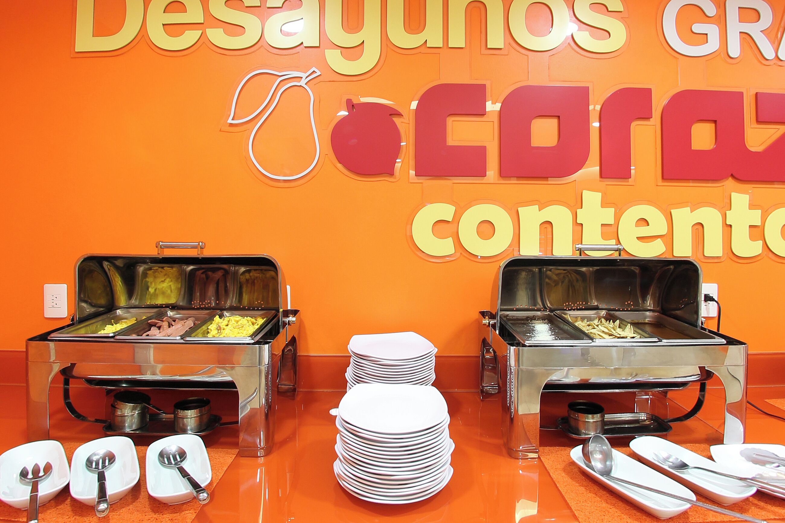 A buffet setup with multiple food stations and stacked white plates.
