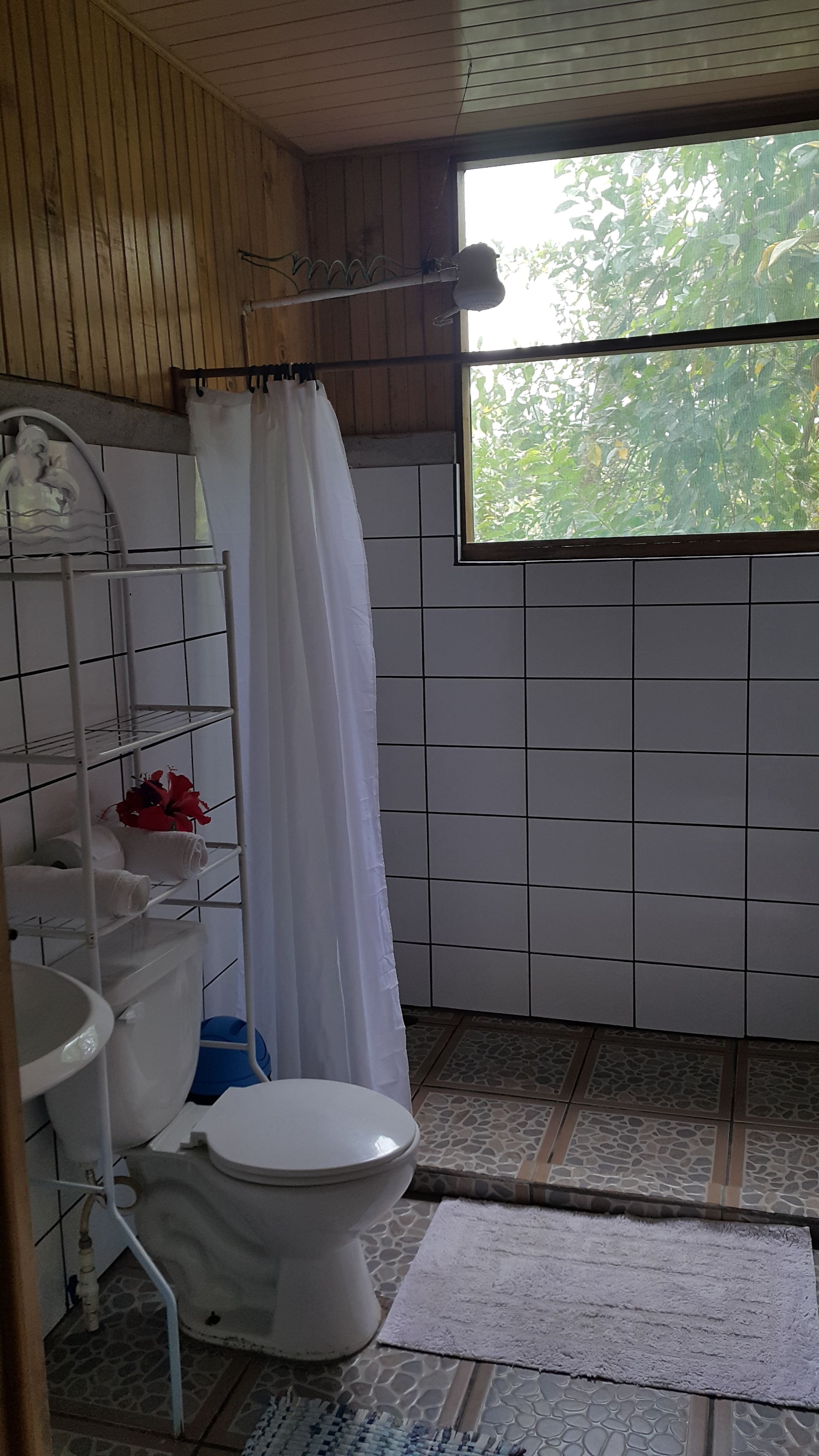 A bathroom with a toilet, a shelf with towels, a shower curtain, and a window with a view of trees.