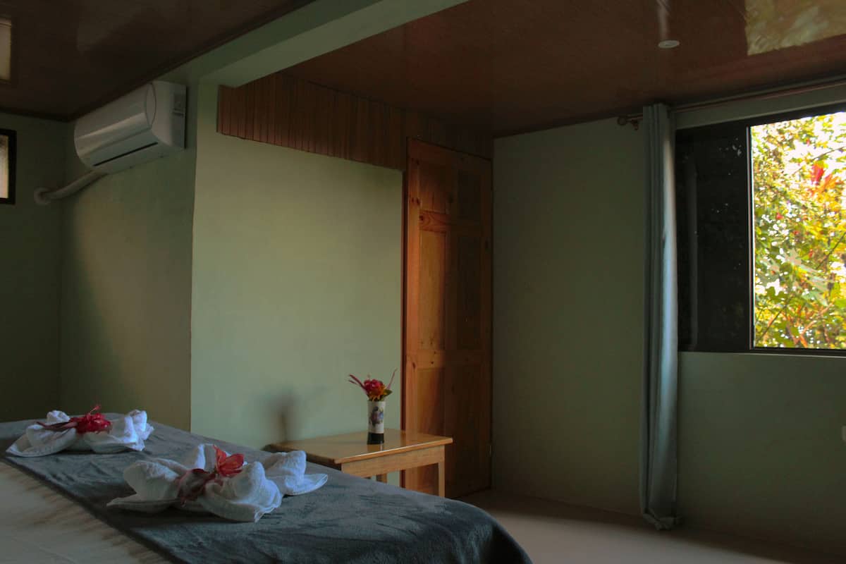 A hotel room with a bed, a wooden door, a small table with a vase, and an air conditioning unit.