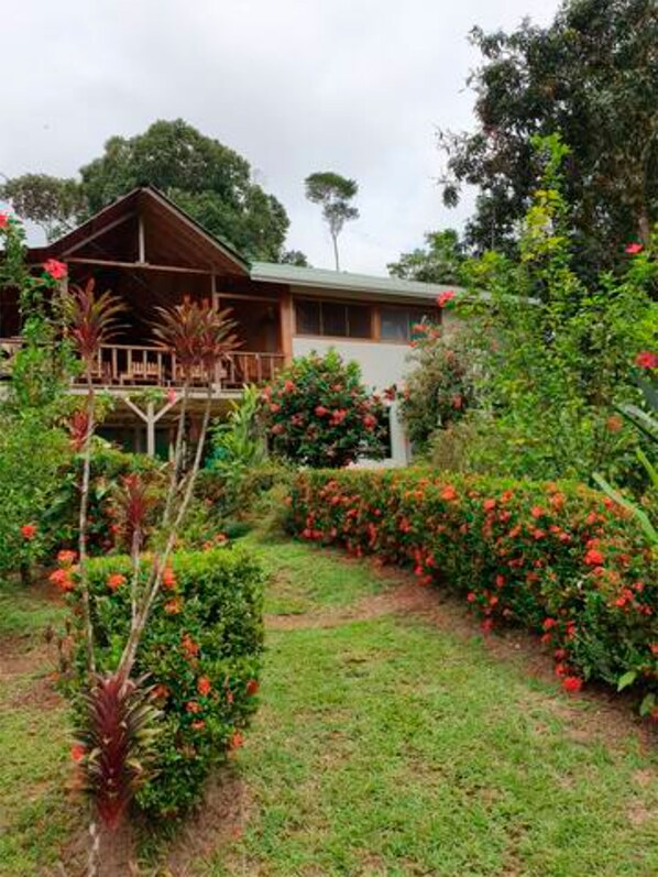 Une maison en bois dotée d’un porche, entourée d’une végétation luxuriante et de plantes en fleurs.