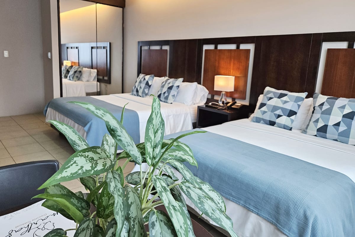 A hotel room with two beds, a large mirror, a bedside table with a lamp, and a potted plant.