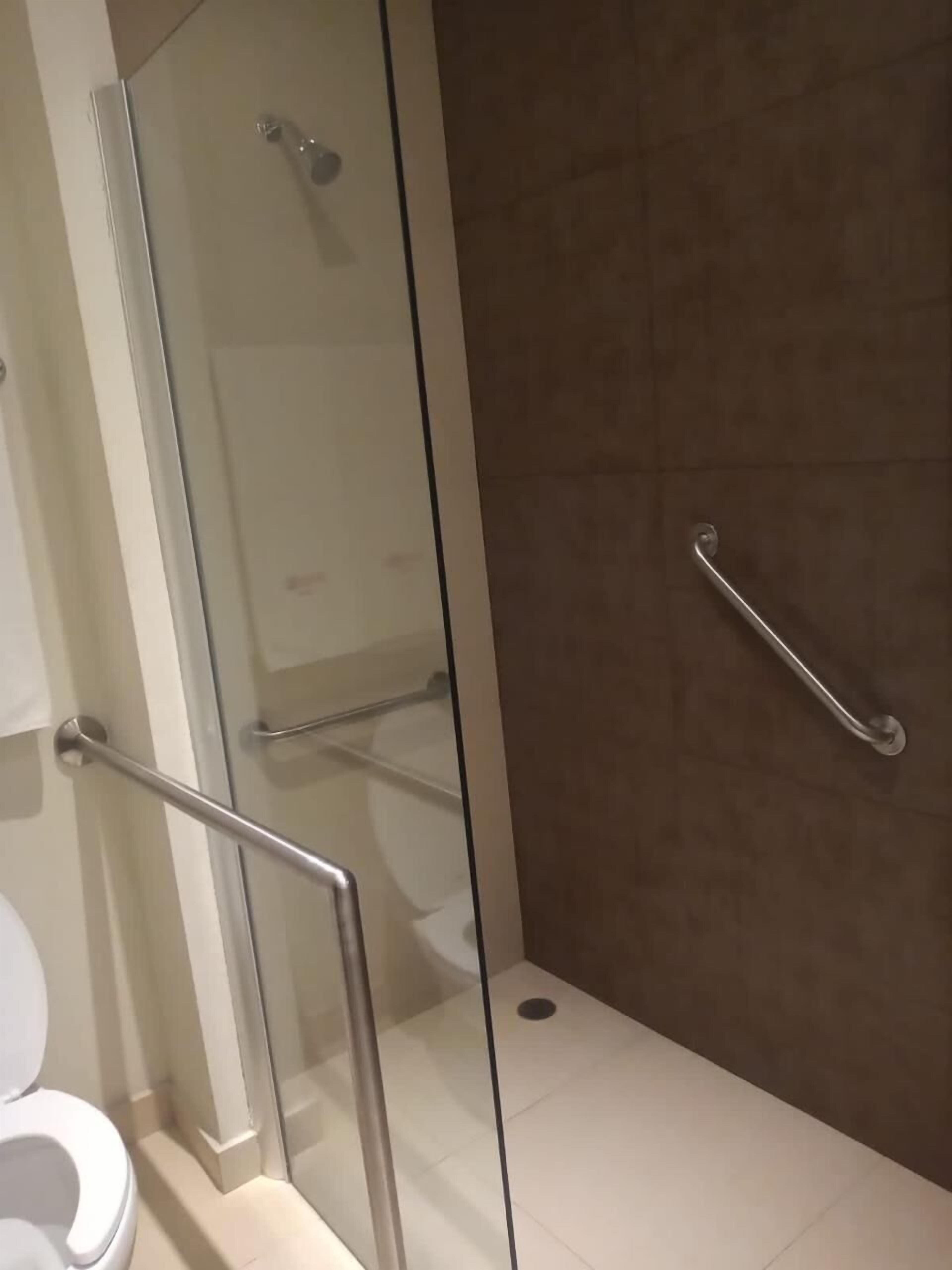 A bathroom with a glass shower enclosure, a toilet, and a handrail.