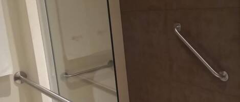 A bathroom with a glass shower enclosure, a toilet, and a handrail.