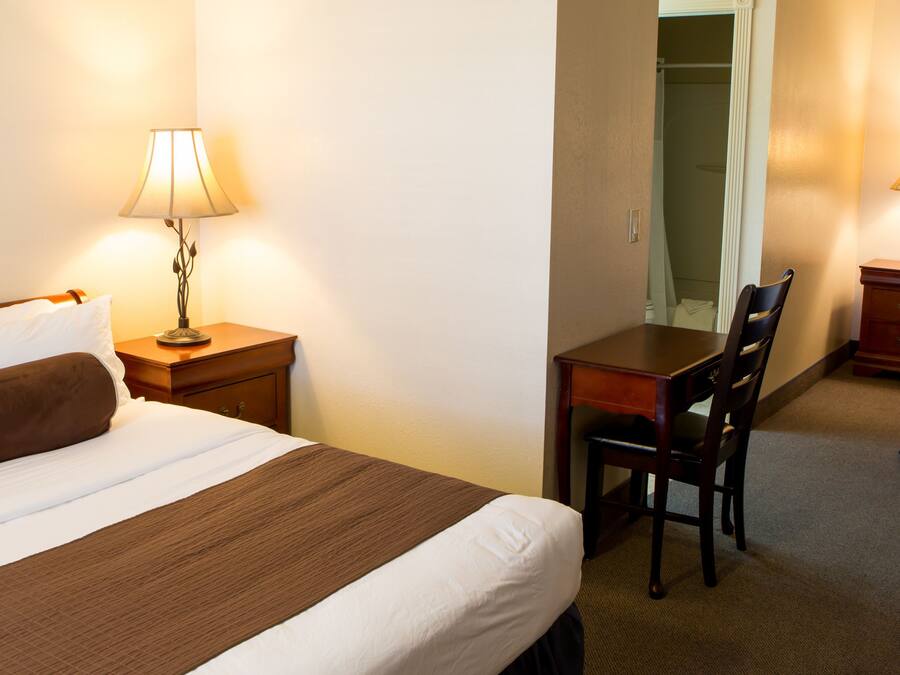 Habitación de hotel con dos camas, un escritorio y dos lámparas.