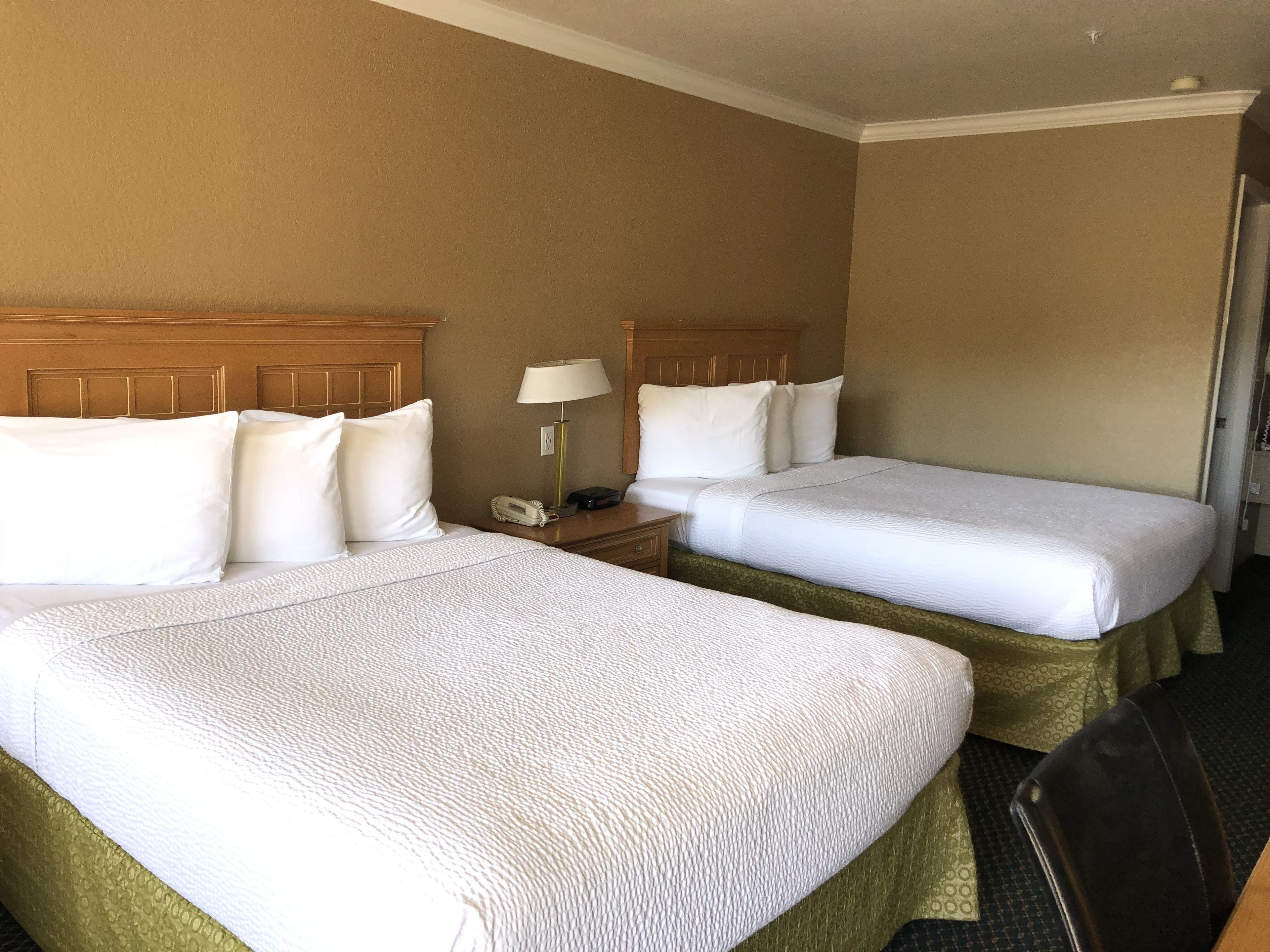 A hotel room with two beds, each with white linens and a wooden headboard. There is a nightstand with a lamp and a telephone.