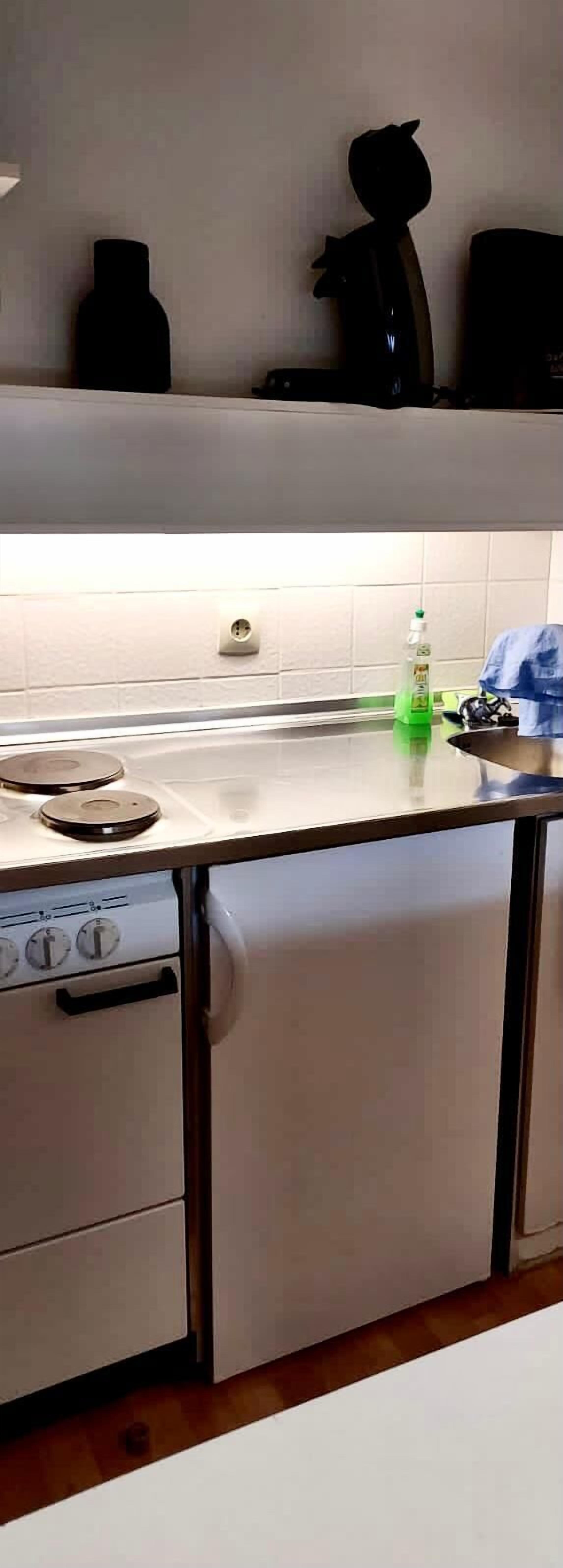 Una cocina con estufa, horno y lavaplatos.