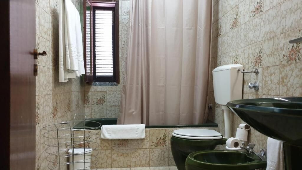 Ein Badezimmer mit Toilette, Waschbecken und Duschvorhang.