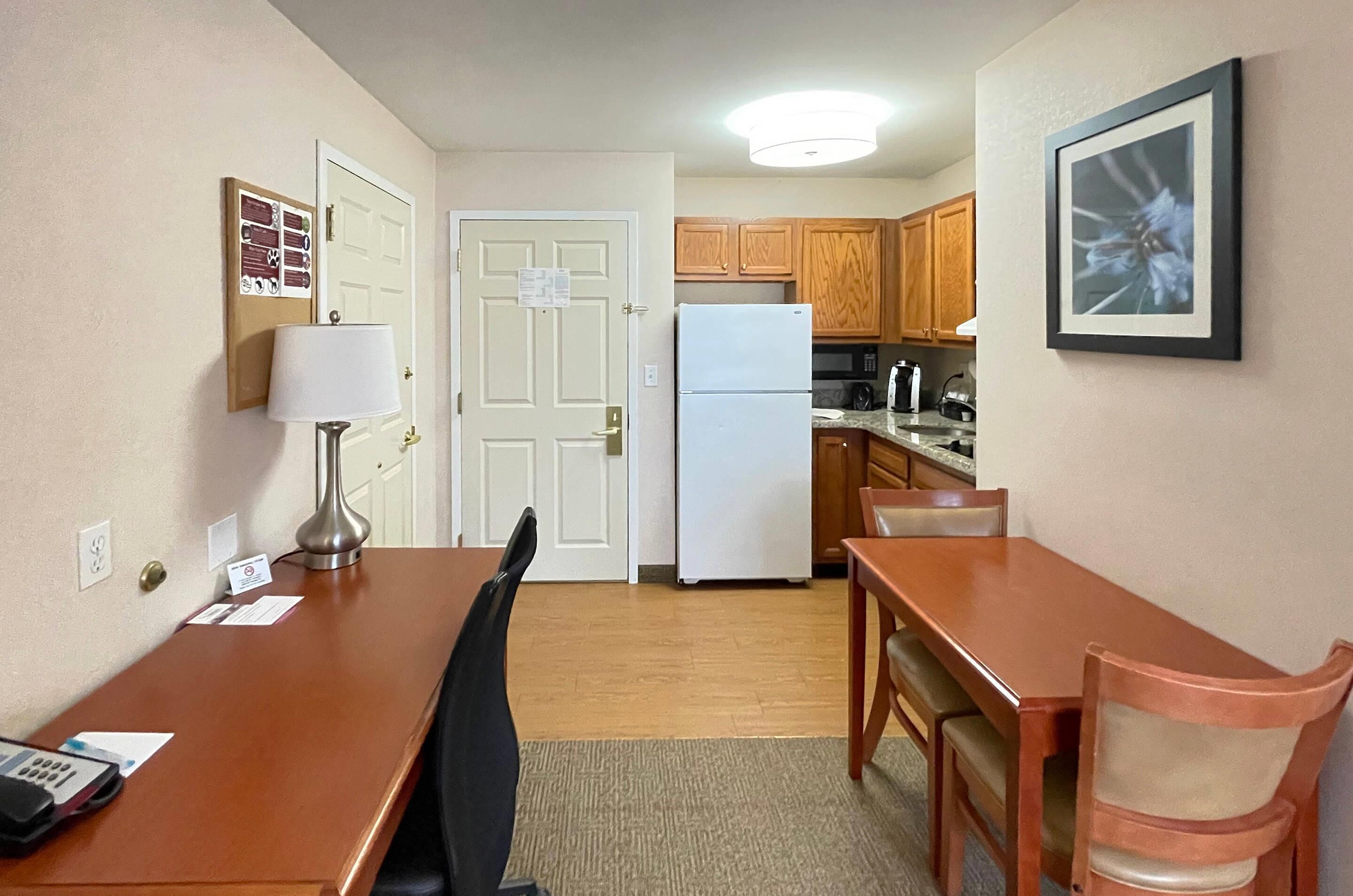 Individually furnished, desk, laptop workspace, blackout drapes