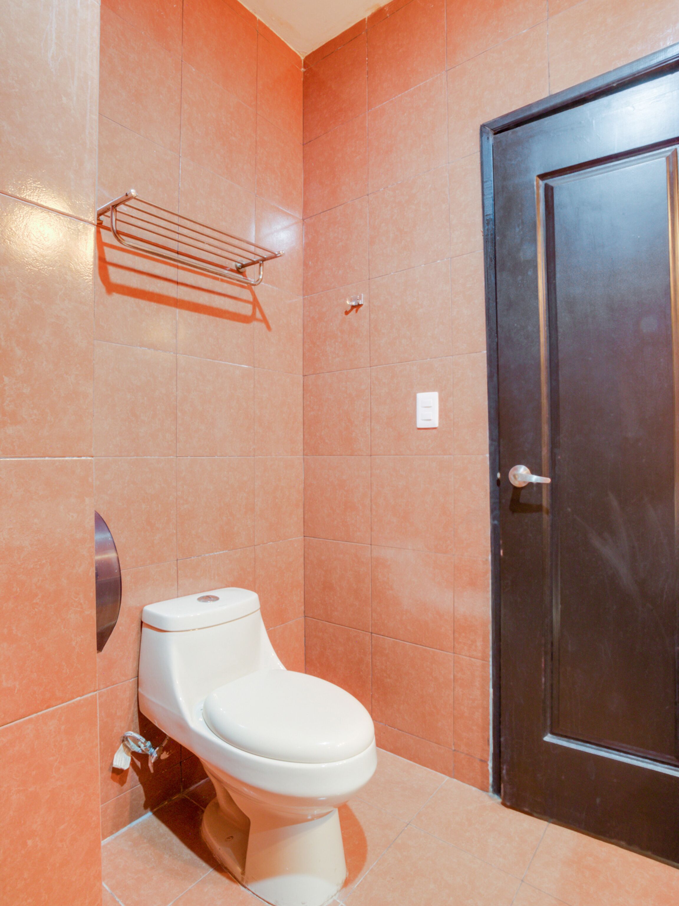 Une salle de bain avec des toilettes blanches, un porte-serviettes et une porte sombre.
