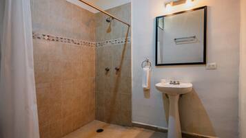 Shower, towels, soap, shampoo