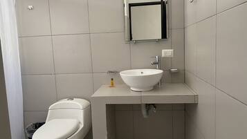 A bathroom with a toilet, sink, and mirror.