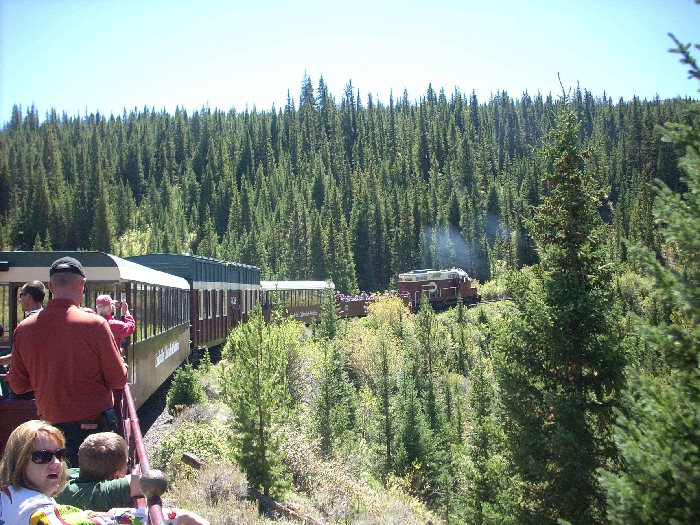 Un tren avanza por una zona boscosa con pasajeros a bordo.