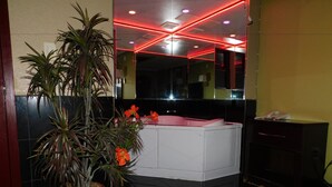 A modern bathroom with a large mirror, a white bathtub, and a potted plant. - Mounts Motel (Lawrenceville)