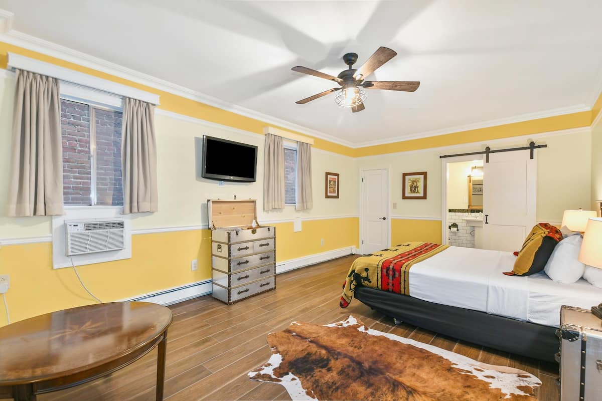 Habitación de hotel con cama, televisión, ventilador de techo, ventana con cortinas, cómoda y alfombra de cuero de vaca.