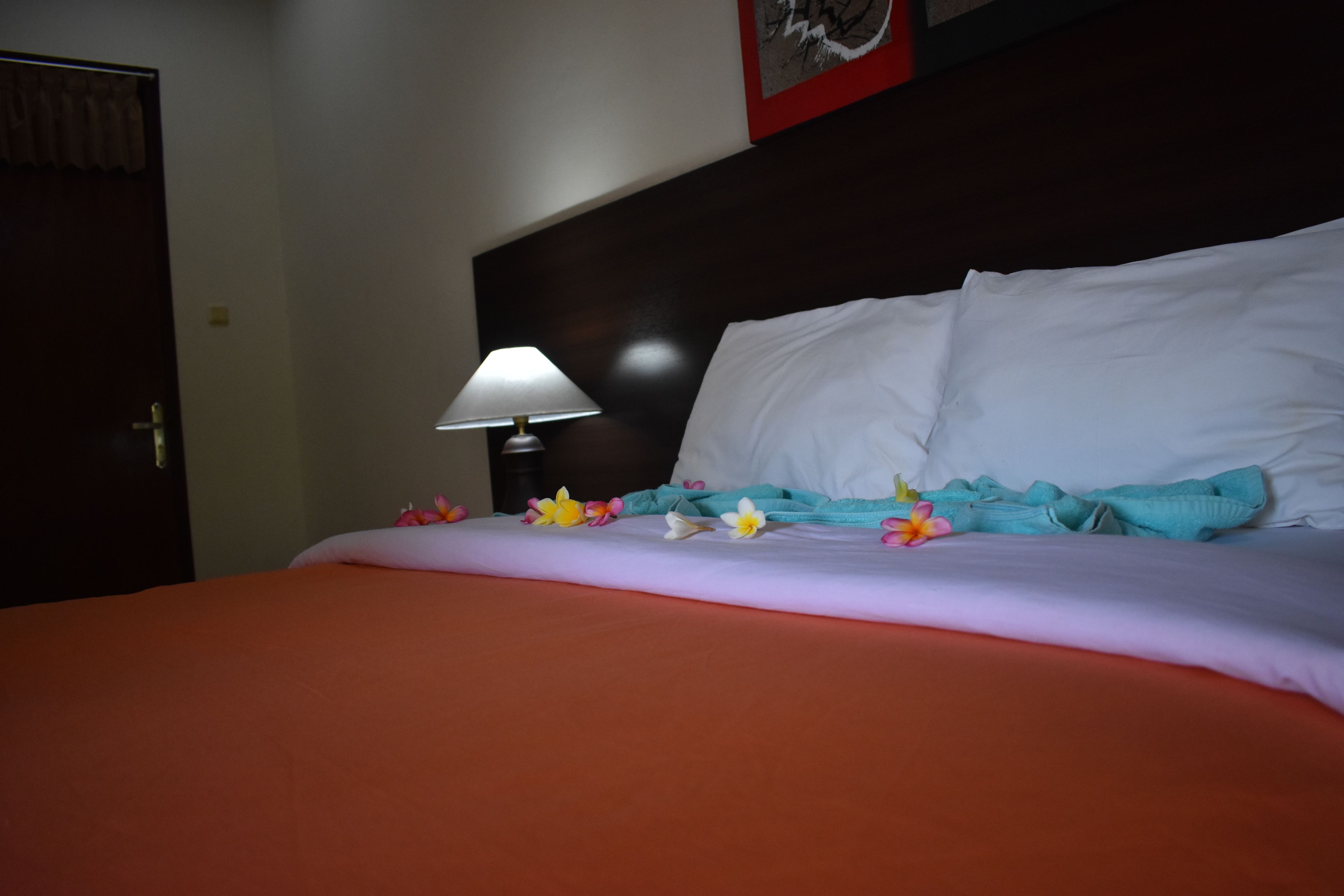 Habitación de hotel con cama, almohadas, lámpara y un cuadro en la pared.