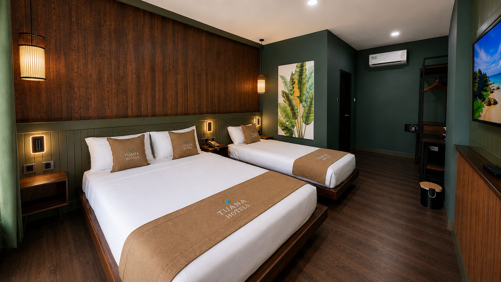 A hotel room with two beds, a wooden headboard, a painting, a TV, and a minibar.