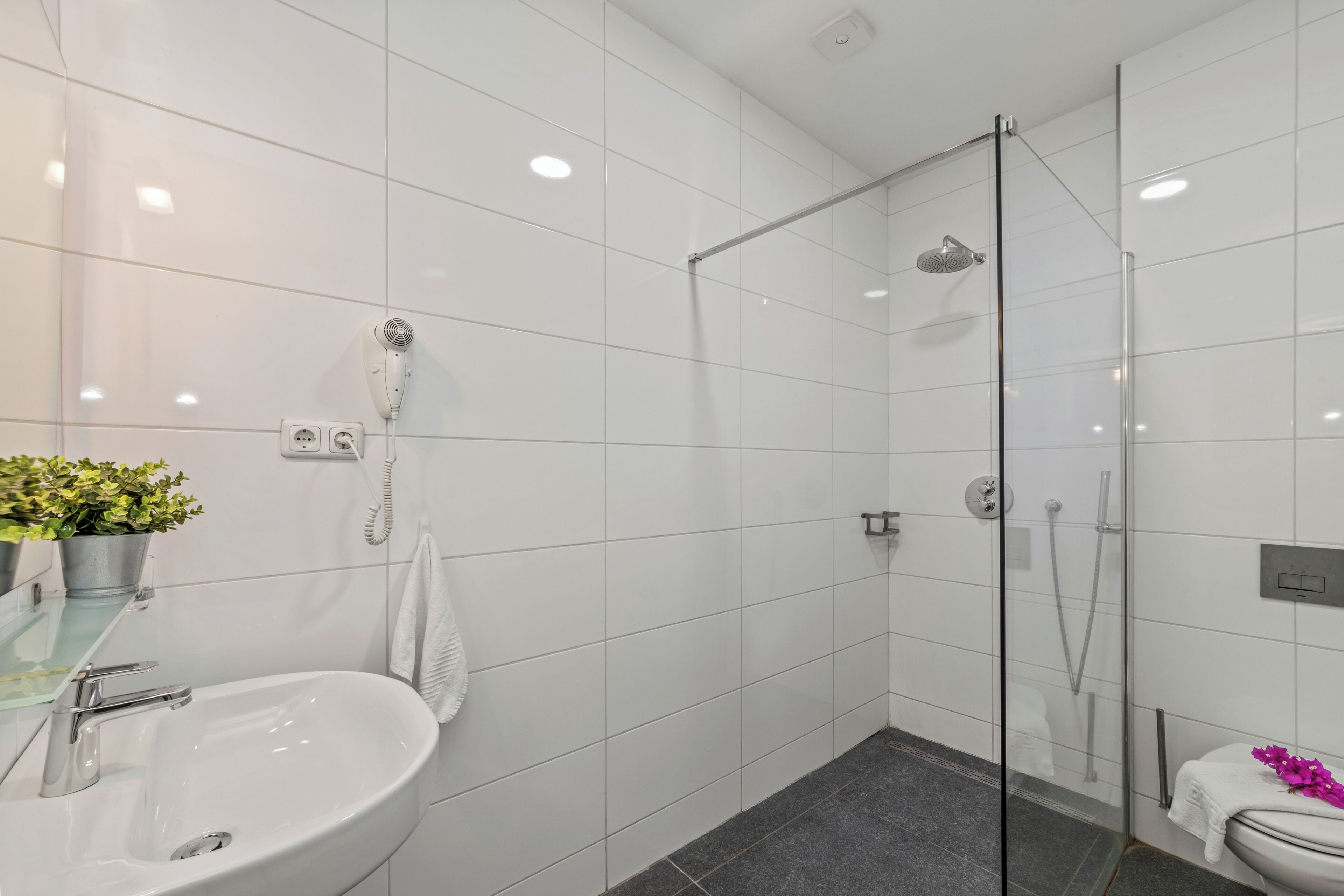 A modern bathroom with white tiles, a glass-enclosed shower, a white sink, and a potted plant.