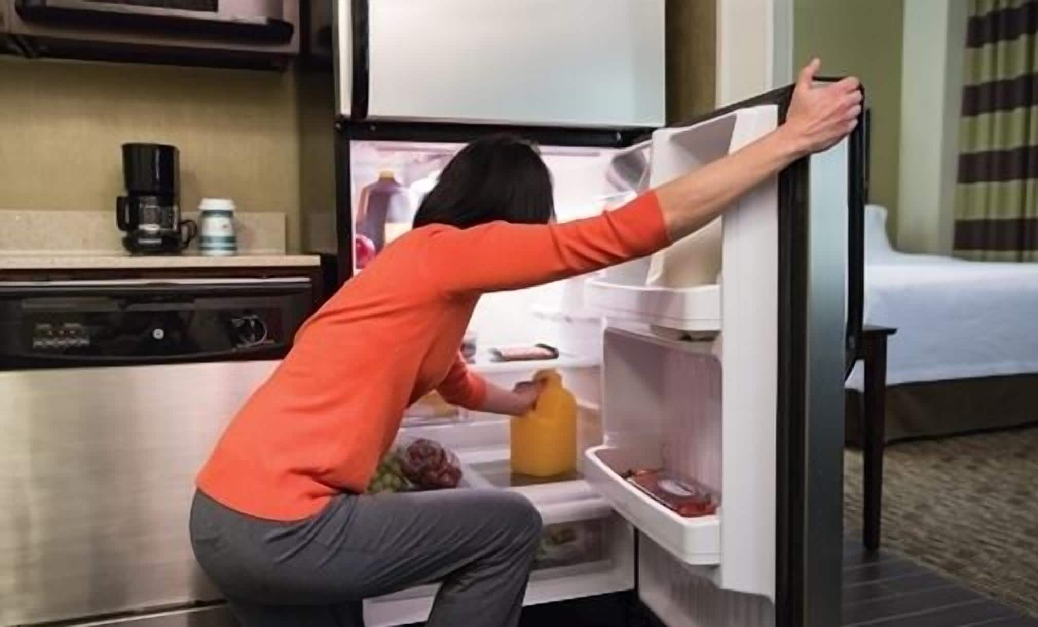 full-sized fridge, microwave, stovetop, coffee/tea maker