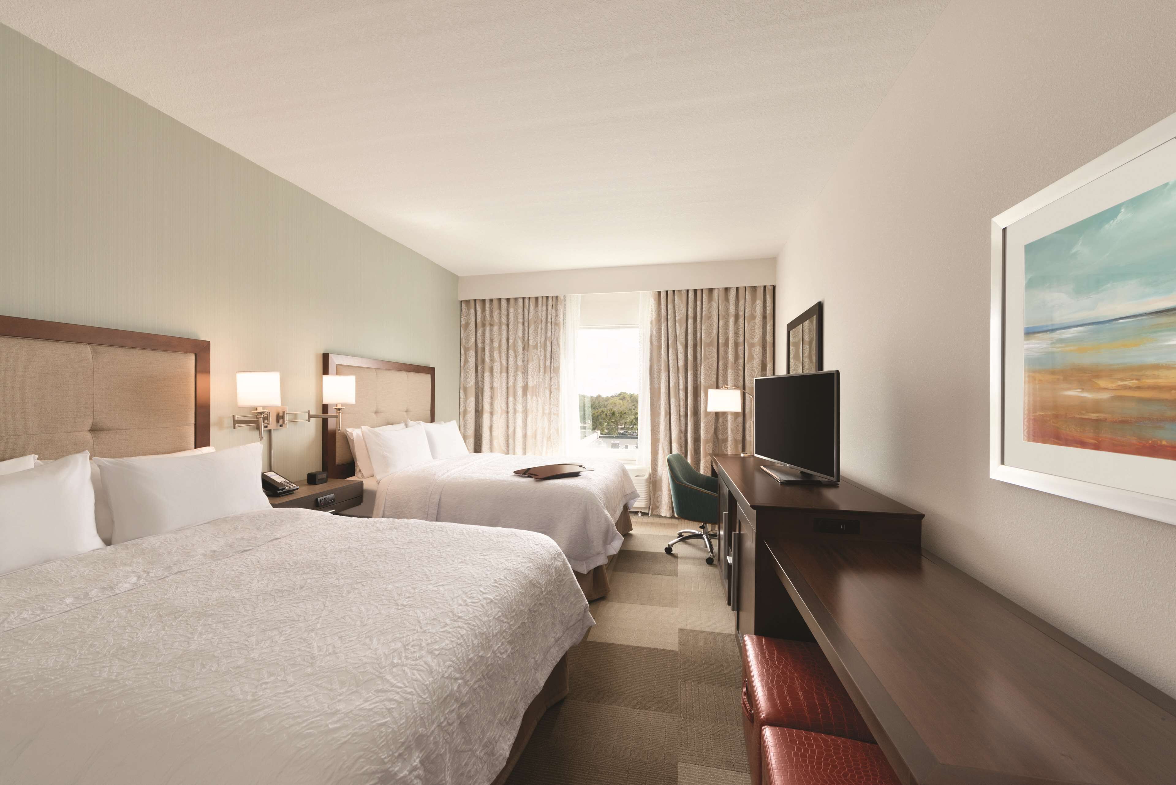 room, 2 queen beds, non smoking, refrigerator | in-room safe, desk, laptop workspace, blackout curtains