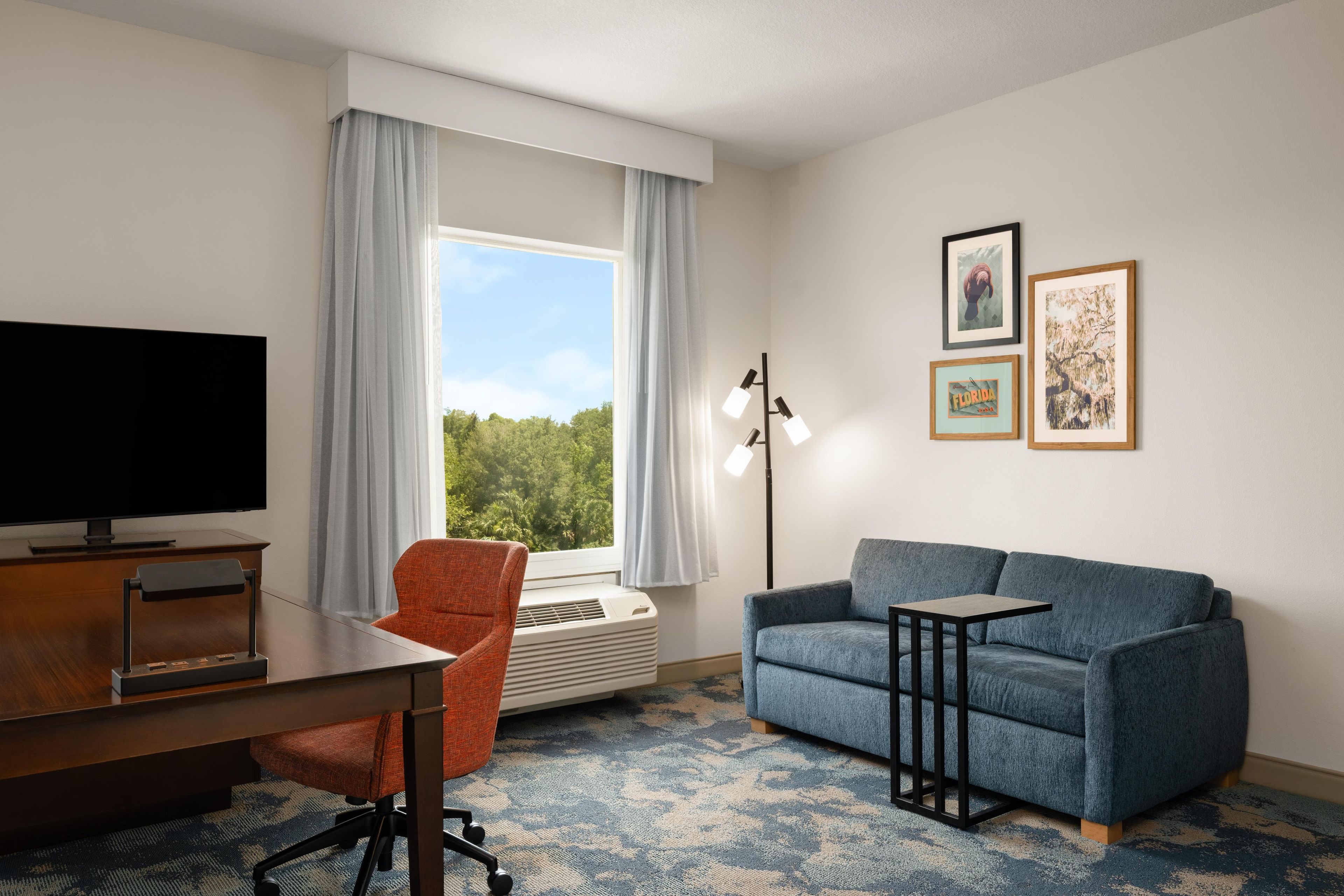 A hotel room with a television, a desk, a blue sofa, a chair, a standing lamp, and a large window with curtains.