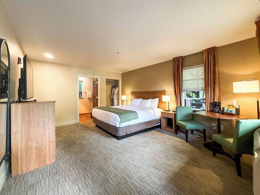 Habitación de hotel con cama, escritorio con silla, televisión y baño visible a través de una puerta abierta.