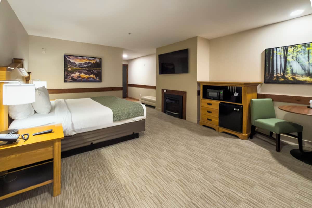 A hotel room with a bed, a desk with a lamp, a television, a microwave, a chair, and artwork on the walls.