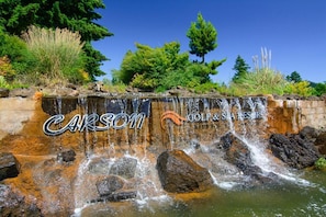 A waterfall with the text "CARSON GOLF & STATE" on the rocks.