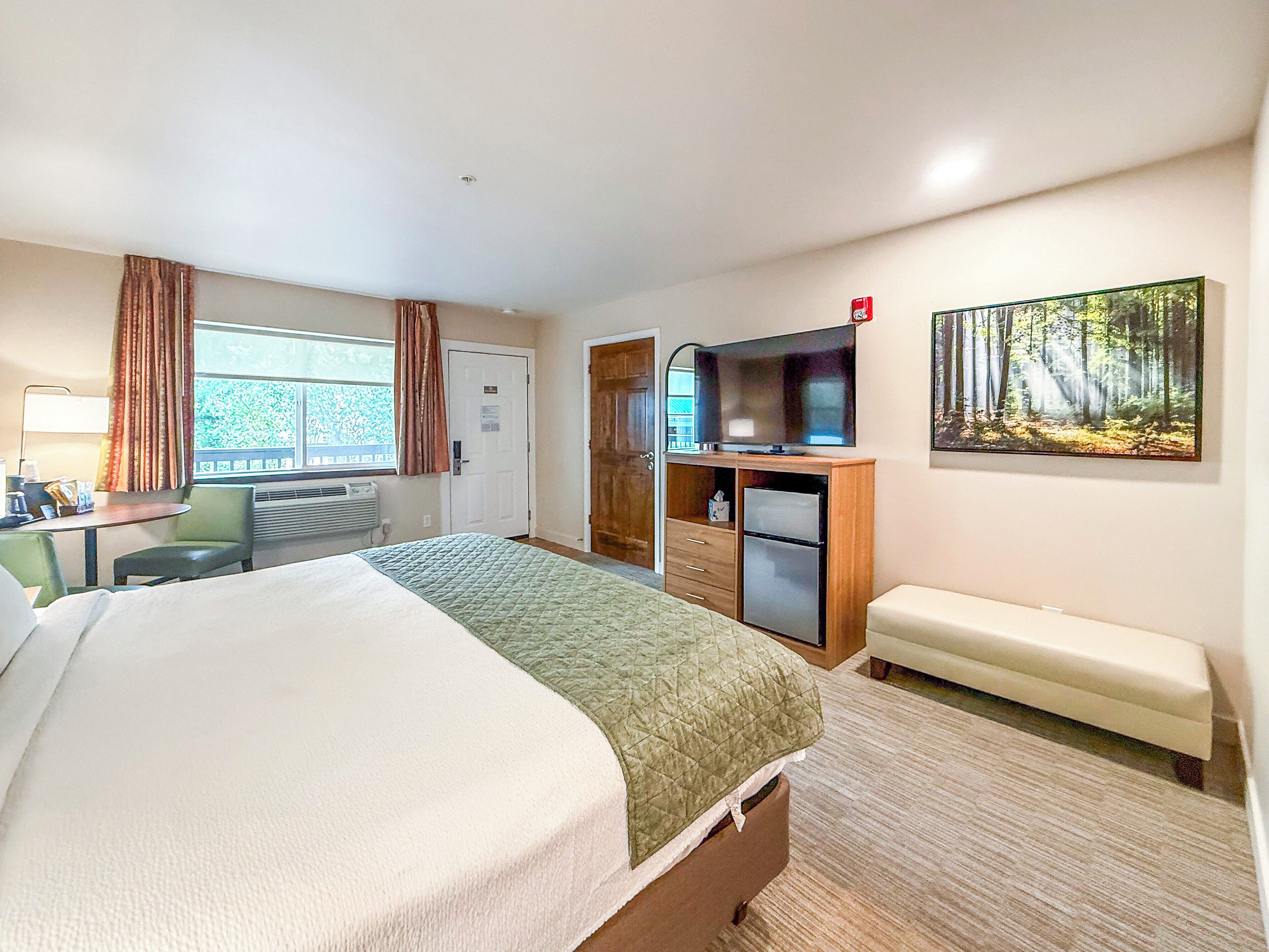 A hotel room with a large bed, a desk with a chair, a television, a refrigerator, a bench, and a painting on the wall.