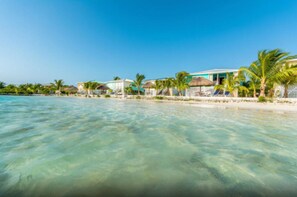 A beachfront property with clear turquoise water, palm trees, and beach huts. - Shaka Caye - All inclusive (Little Frenchman Caye)