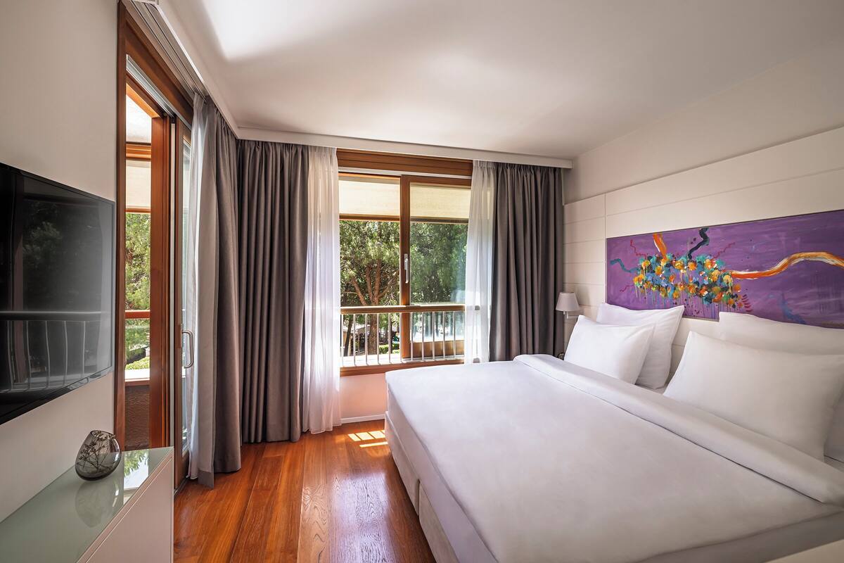 A hotel room with a bed, a TV, a painting, and a view of the outdoors.