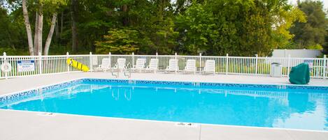 Seasonal outdoor pool, open 9 AM to 9 PM, pool loungers