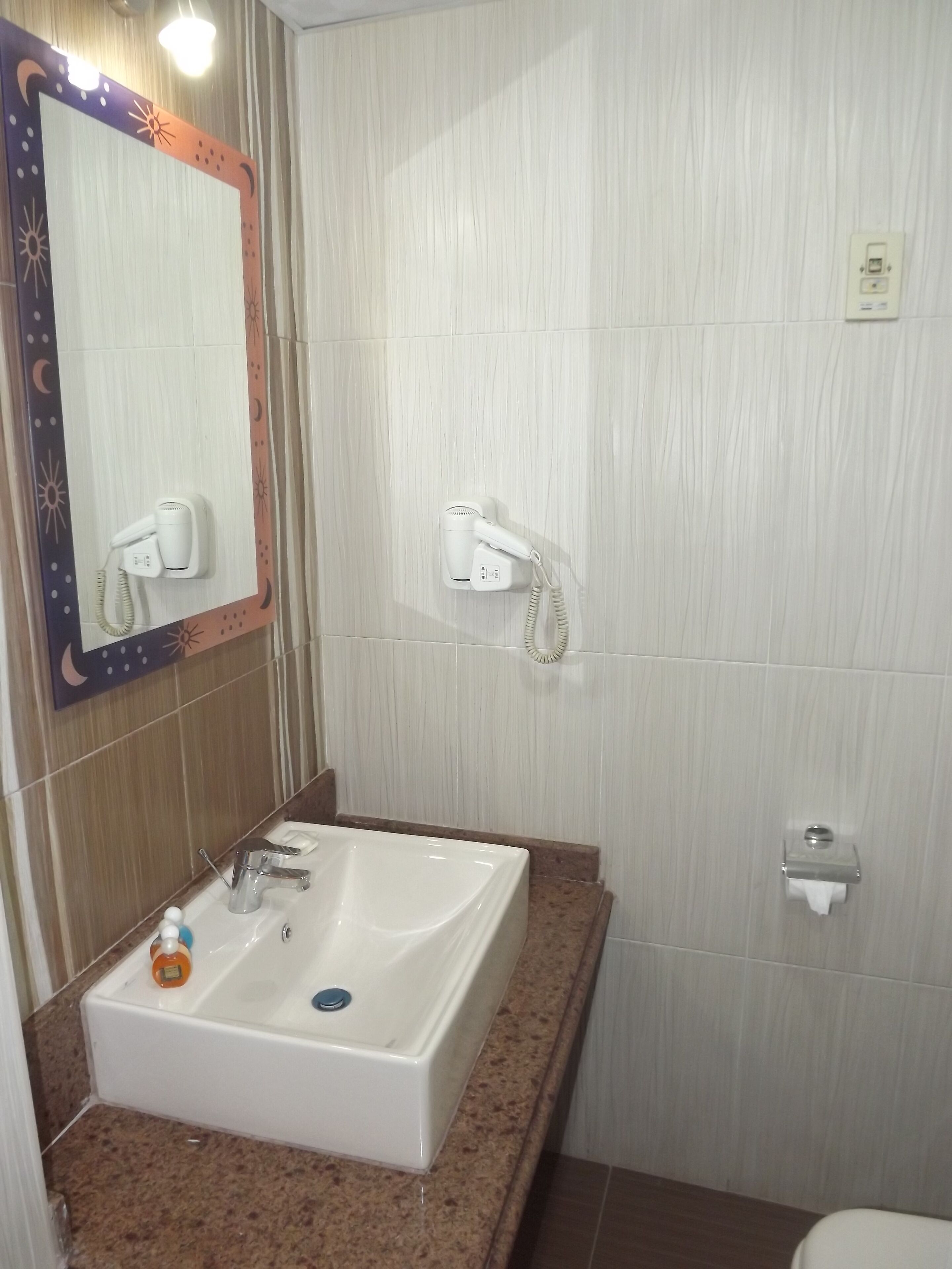 Un baño con un lavabo rectangular, un espejo con marco decorativo, un secador de pelo y un dispensador de toallas.