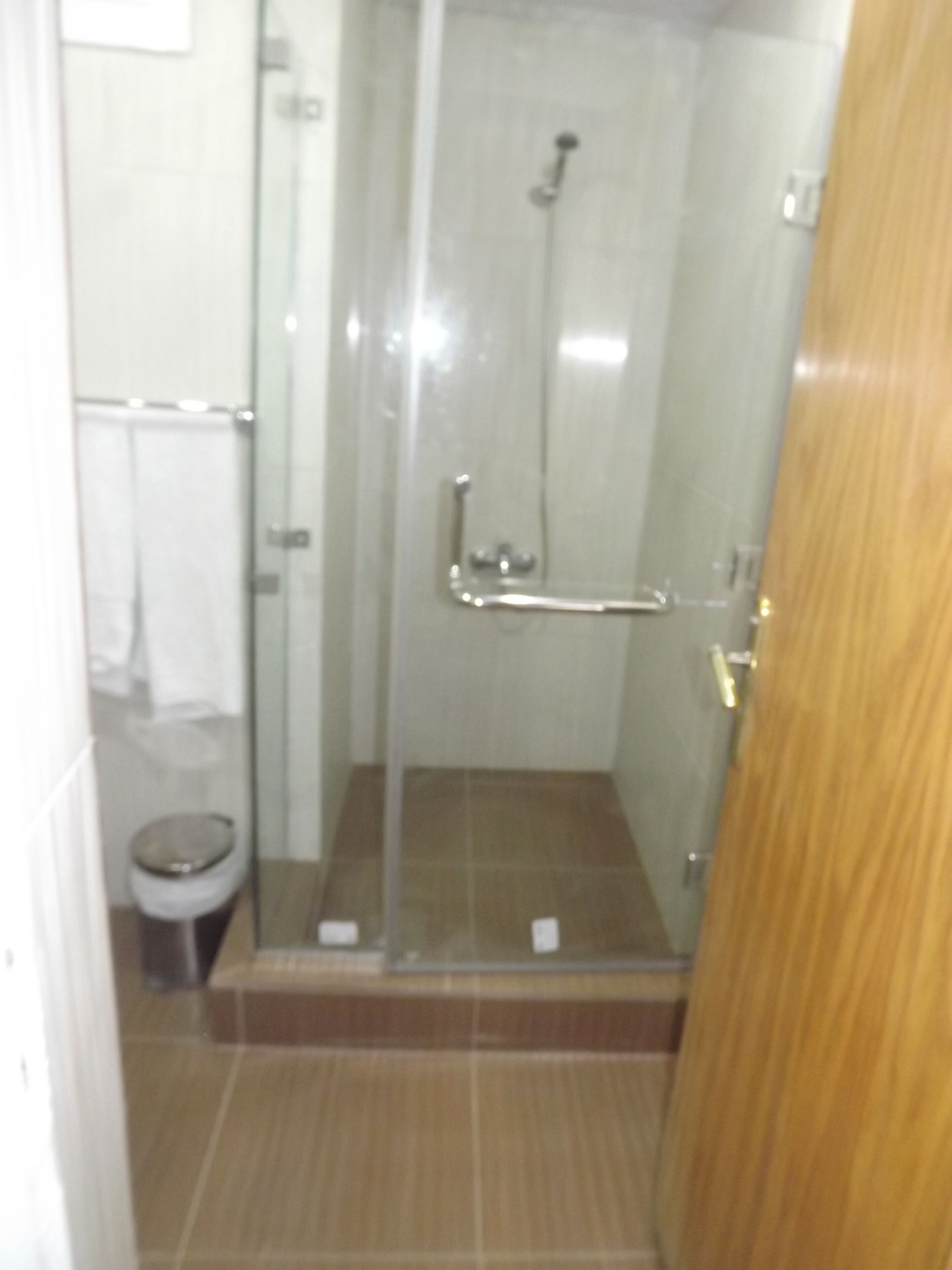 Een kleine, afgesloten douchecabine met een glazen deur, een toilet en een handdoekhouder.