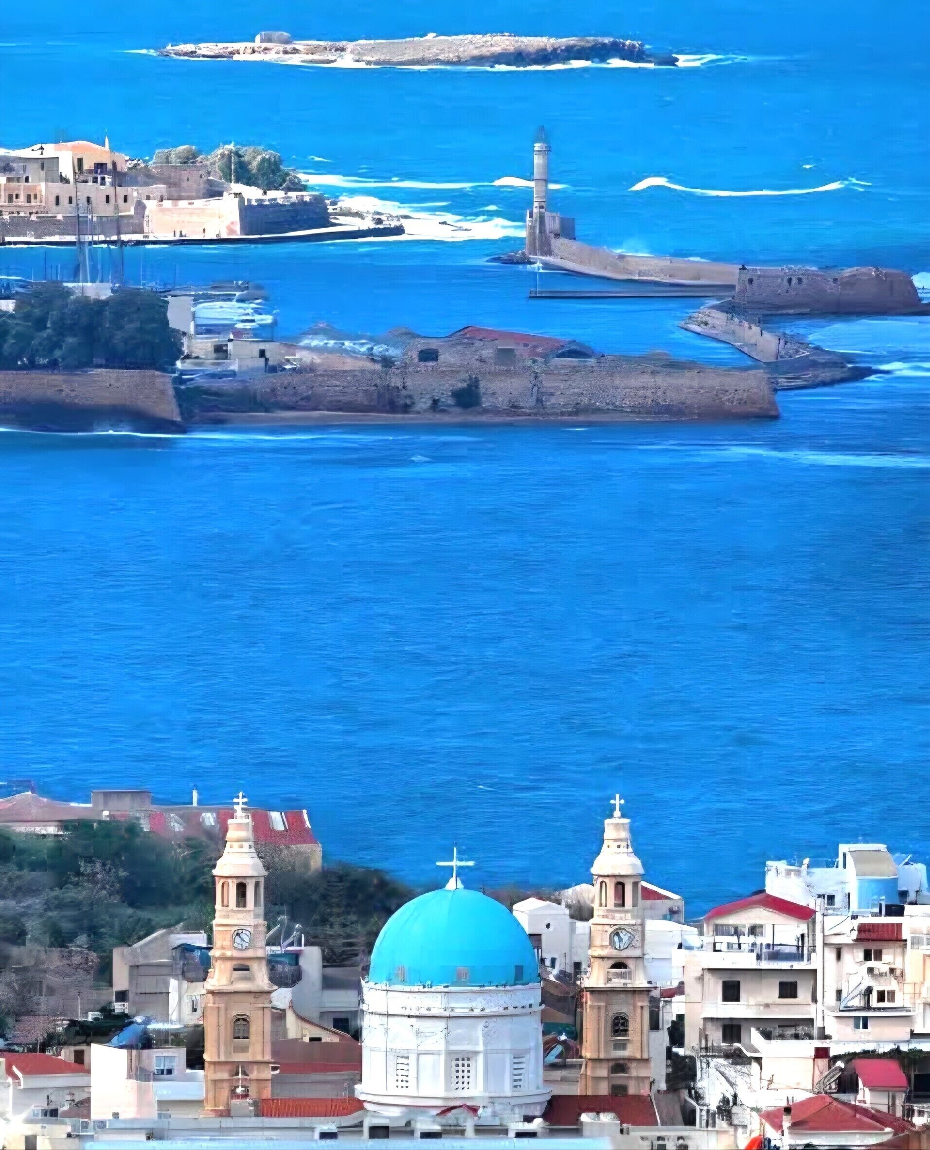 A coastal town with a prominent church featuring a blue dome and bell towers, a fortified structure with a lighthouse, and a mix of residential buildings.