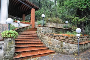 Una escalera de piedra con escalones rojos que sube hacia un edificio.