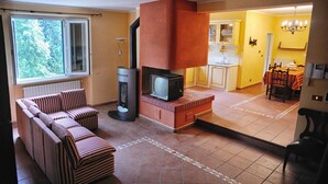 Een woonkamer met een bank, een open haard en een televisie.