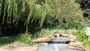 A small waterfall in a garden with a wooden deck and lush greenery. - Hotel Voar (Ribadeo)