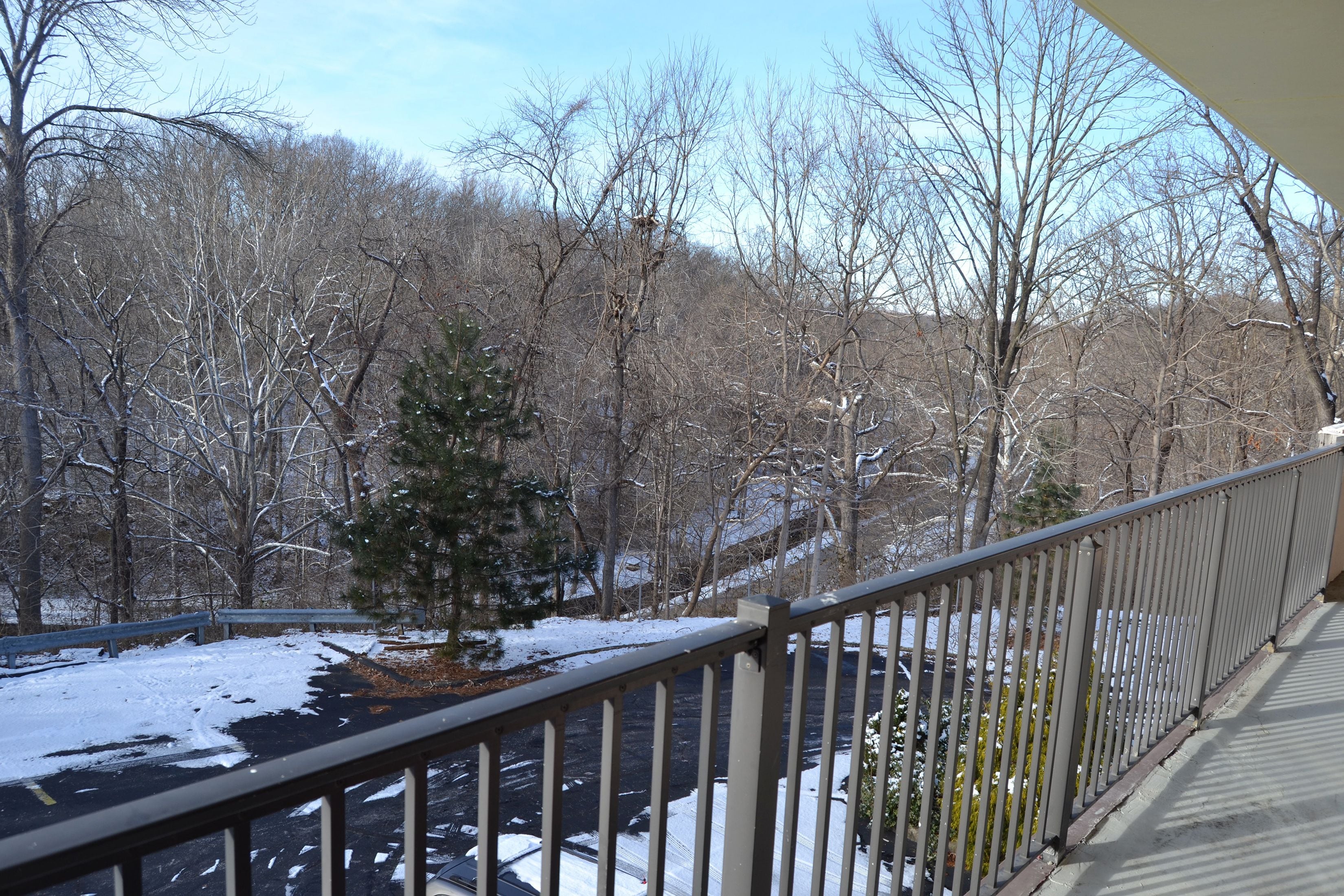 A balcony with a view of a snow-covered landscape and bare trees.