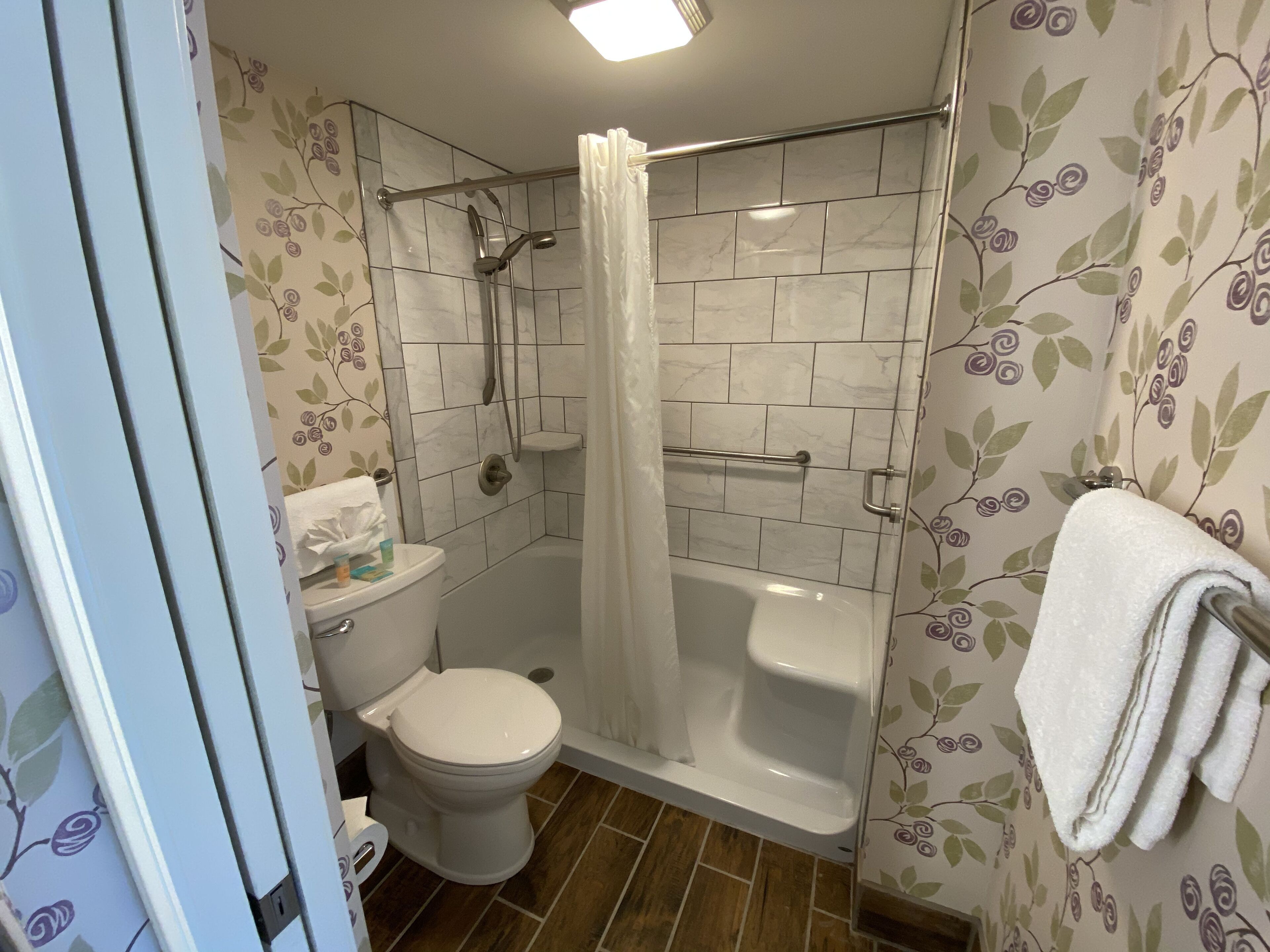 Een badkamer met toilet, douche en bad.