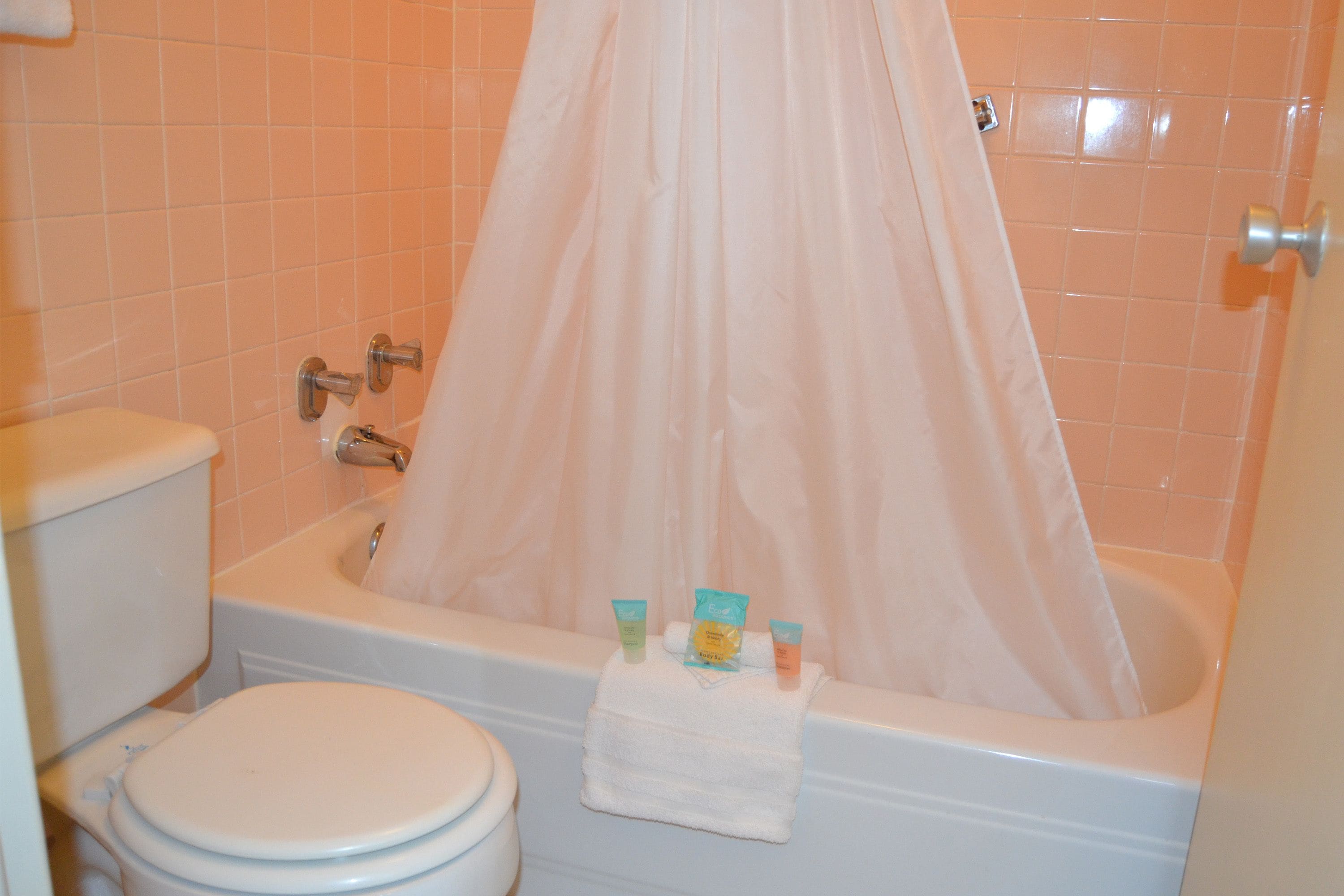 A bathroom with a bathtub, toilet, and a shower curtain.