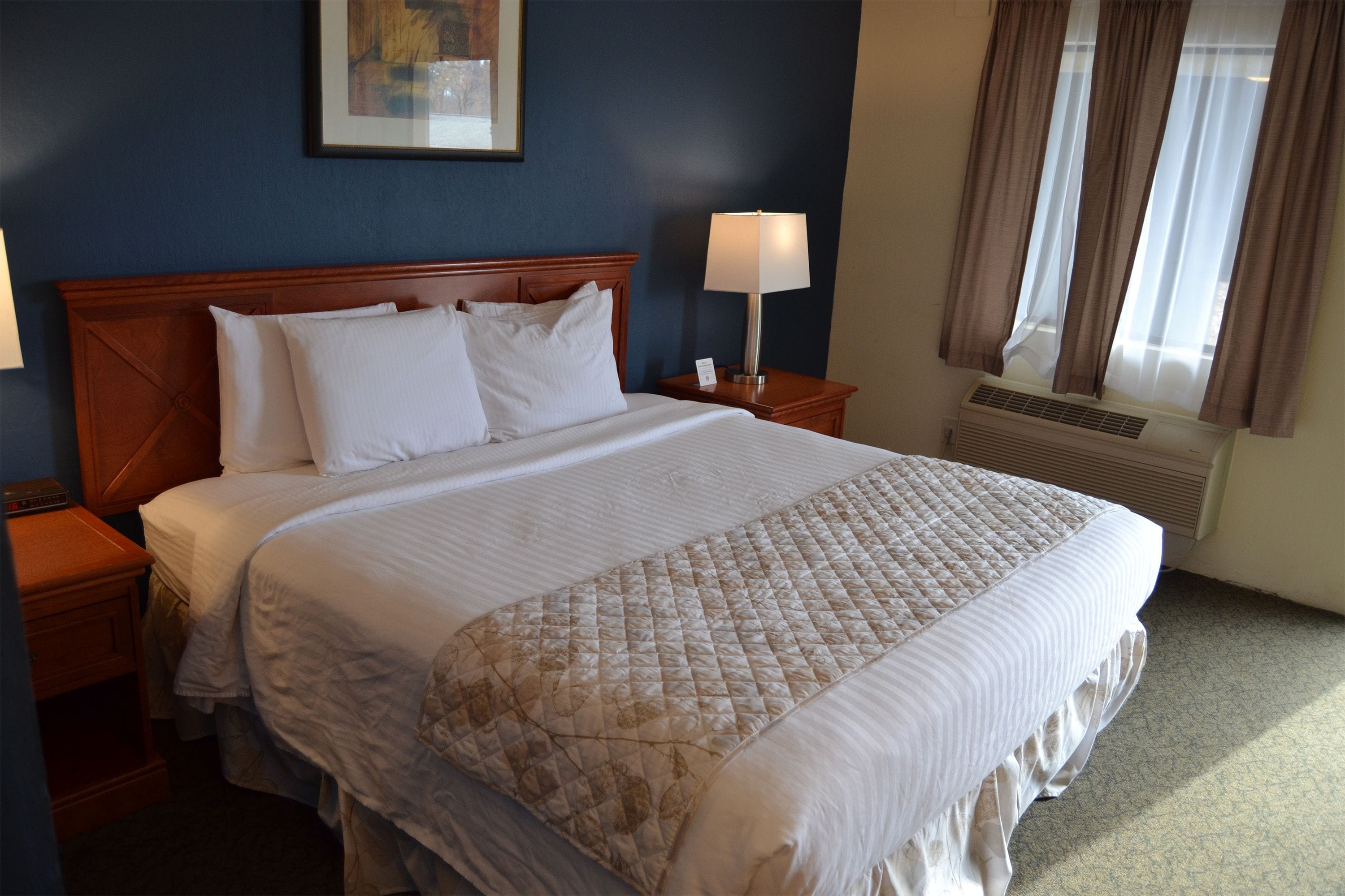 A hotel room with a large bed, a nightstand with a lamp, a window with curtains, and a framed picture on the wall.
